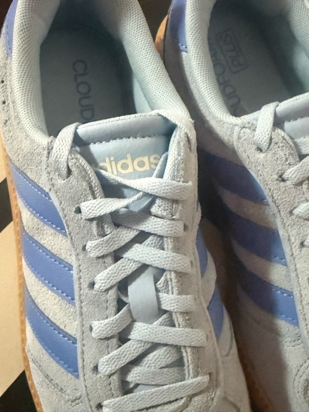 adidas Originals Light Blue Suede Sneakers with Blue Stripes and Gum Sole - Picture 12 of 13